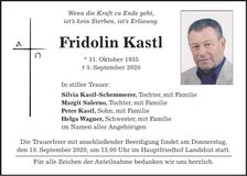 Traueranzeige Fridolin Kastl