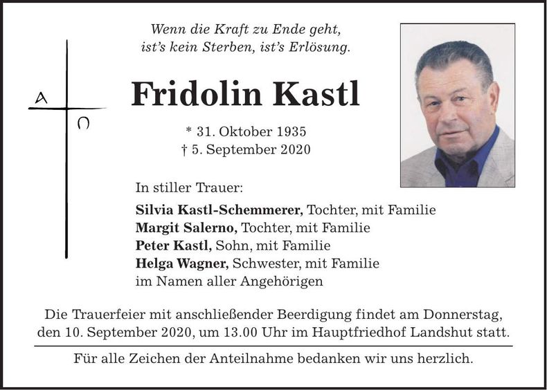 Traueranzeige Fridolin Kastl