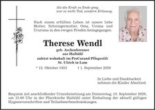 Traueranzeige Therese Wendl