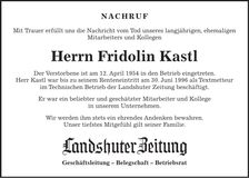 Traueranzeige Fridolin Kastl