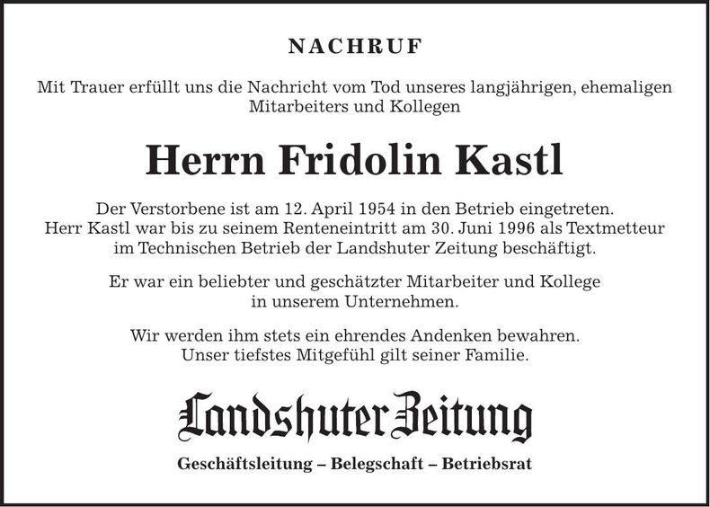 Traueranzeige Fridolin Kastl