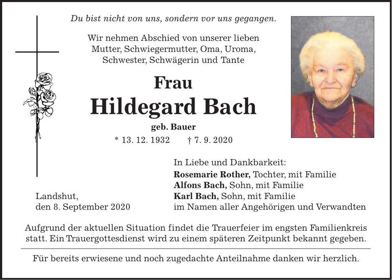 Traueranzeige Hildegard Bach