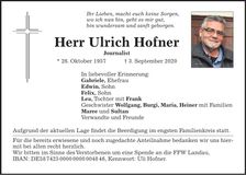 Traueranzeige Uli Hofner