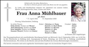 Traueranzeige Anna Mühlbauer