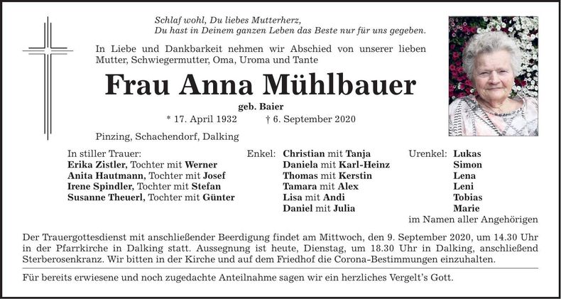 Traueranzeige Anna Mühlbauer