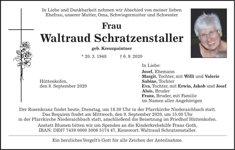 Traueranzeige Waltraud Schratzenstaller