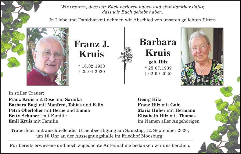 Traueranzeige Franz J. & Barbara Kruis