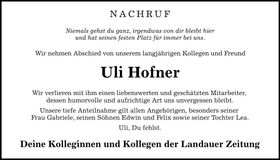 Traueranzeige Ulrich Hofner