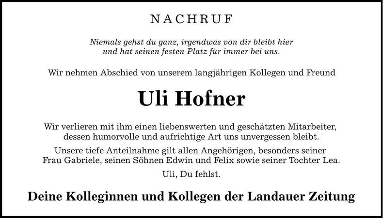 Traueranzeige Ulrich Hofner