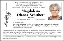 Traueranzeige Magdalena Diener-Schubert
