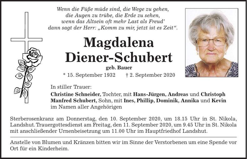 Traueranzeige Magdalena Diener-Schubert