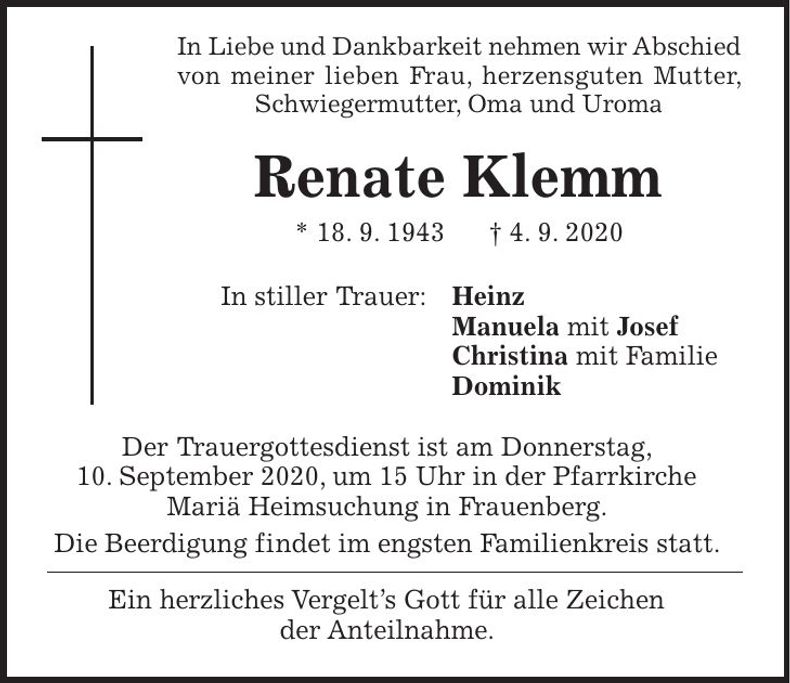 Traueranzeige Renate Klemm