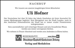 Traueranzeige Ulrich Hofner