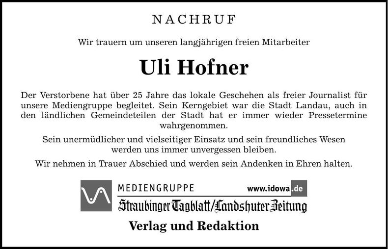 Traueranzeige Ulrich Hofner