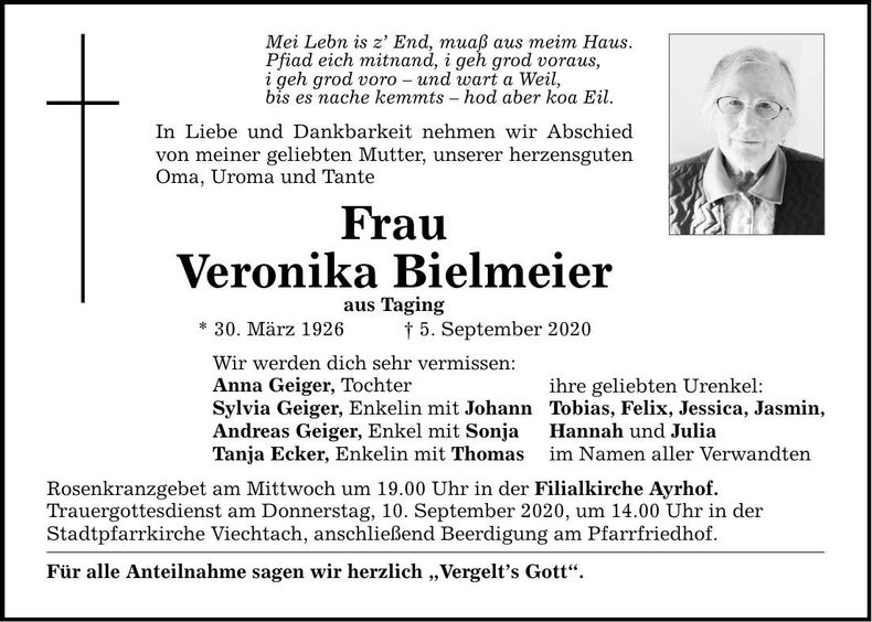 Traueranzeige Veronika Bielmeier