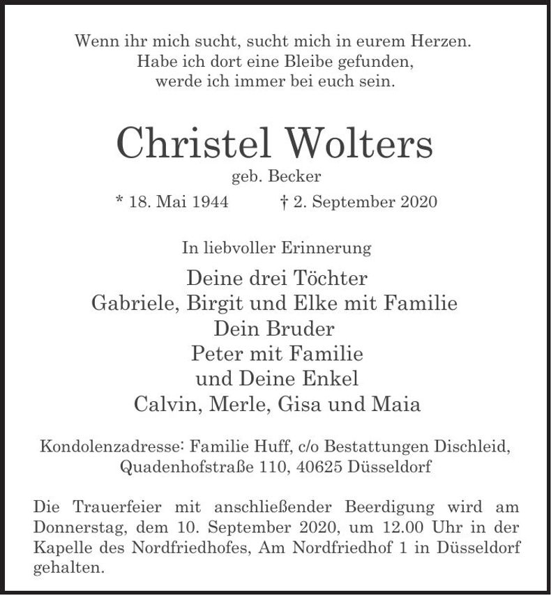 Traueranzeige Christel Wolters