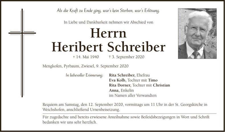 Traueranzeige Heribert Schreiber