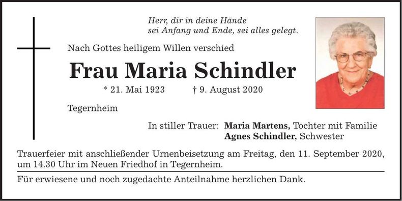 Traueranzeige Maria Schindler