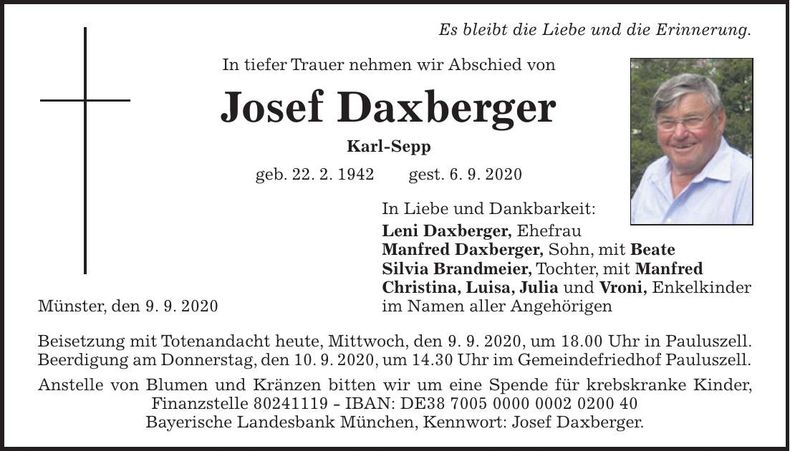 Traueranzeige Josef Daxberger