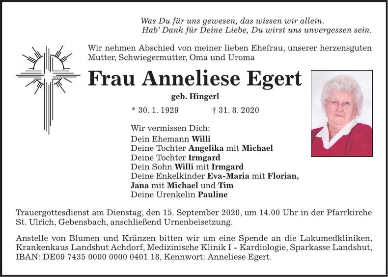 Traueranzeige Anneliese Egert