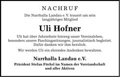 Traueranzeige Ulrich Hofner