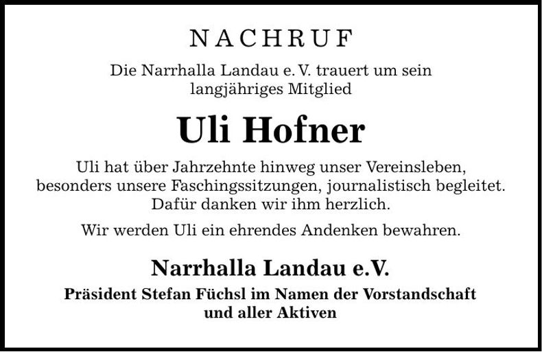 Traueranzeige Ulrich Hofner