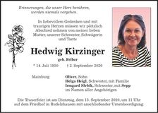 Traueranzeige Hedwig Kirzinger