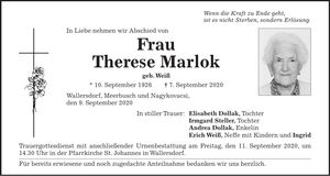 Traueranzeige Therese Marlok