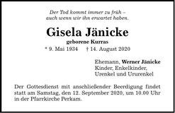 Traueranzeige Gisela Jänicke