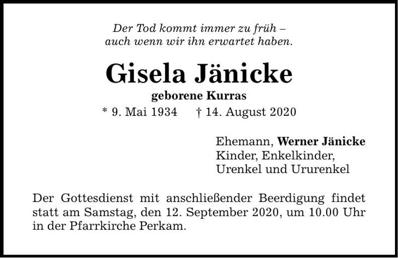Traueranzeige Gisela Jänicke