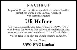Traueranzeige Ulrich Hofner