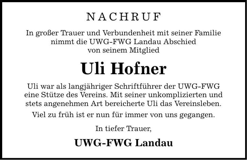 Traueranzeige Ulrich Hofner