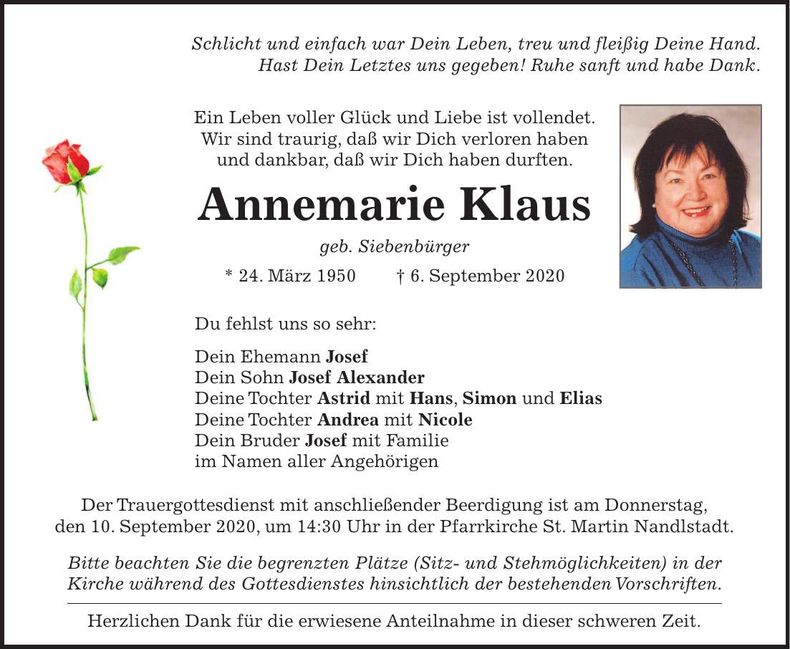 Traueranzeige Annemarie Klaus