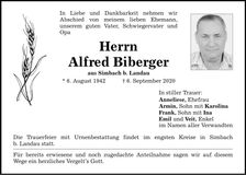 Traueranzeige Alfred Biberger