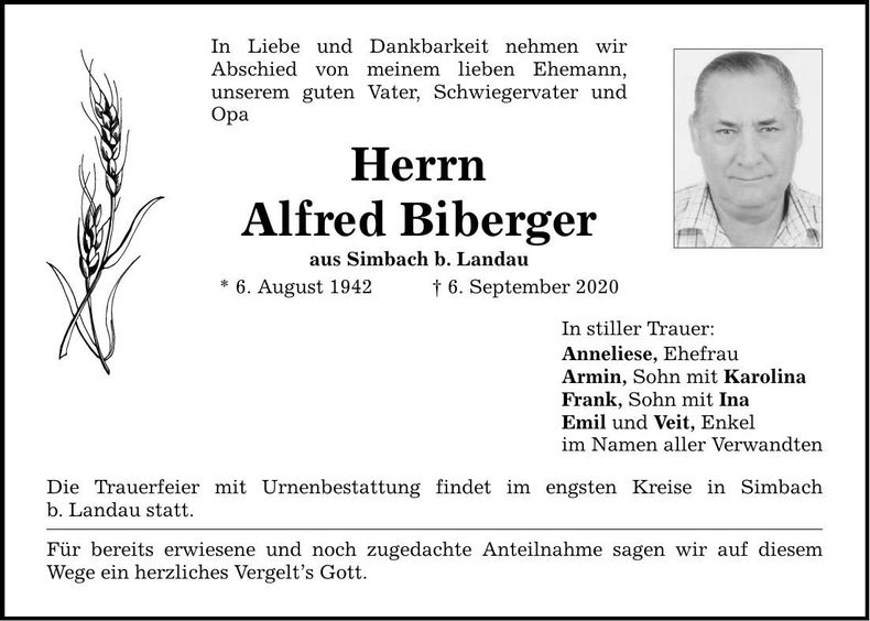 Traueranzeige Alfred Biberger
