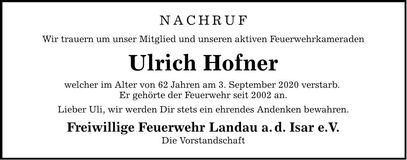 Traueranzeige Ulrich Hofner