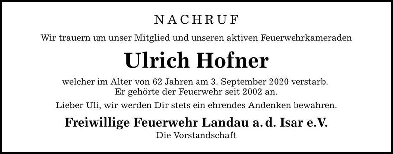 Traueranzeige Ulrich Hofner