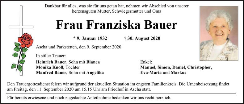 Traueranzeige Franziska Bauer