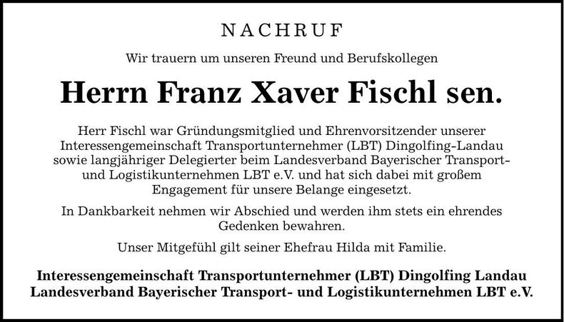 Traueranzeige Franz Xaver Fischl