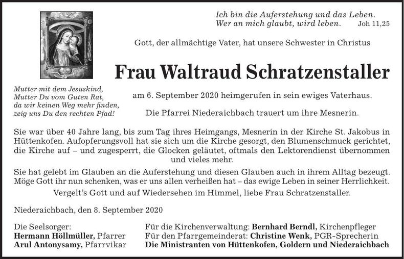 Traueranzeige Waltraud Schratzenstaller