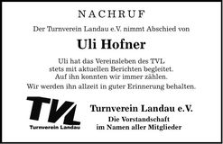 Traueranzeige Ulrich Hofner