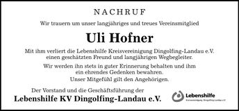 Traueranzeige Ulrich Hofner