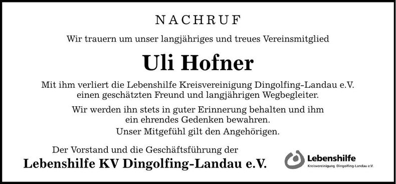 Traueranzeige Ulrich Hofner
