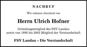 Traueranzeige Uli Hofner