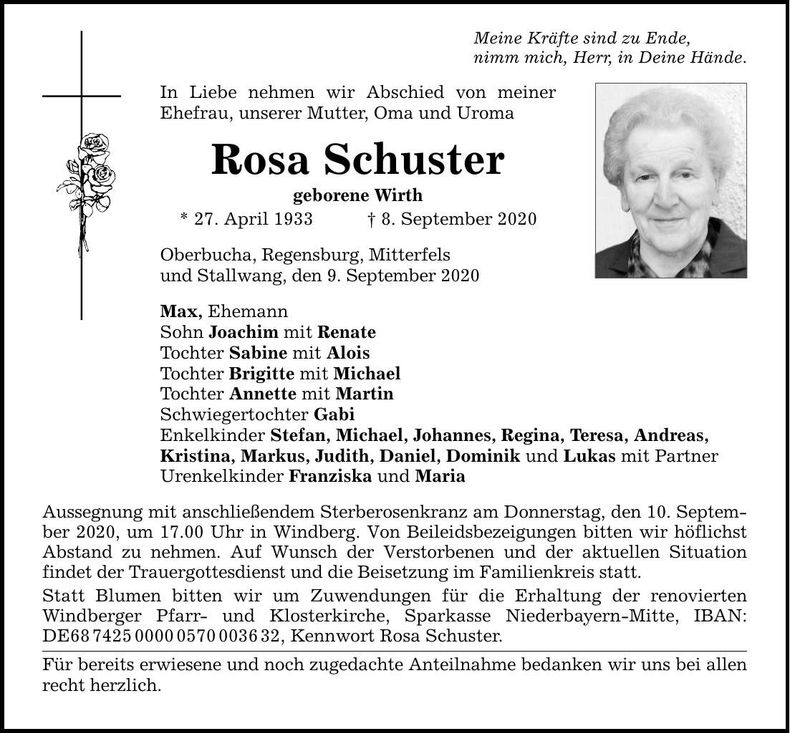 Traueranzeige Rosa Schuster