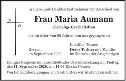 Traueranzeige Maria Aumann