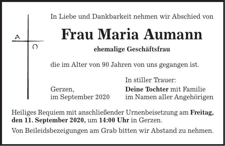 Traueranzeige Maria Aumann