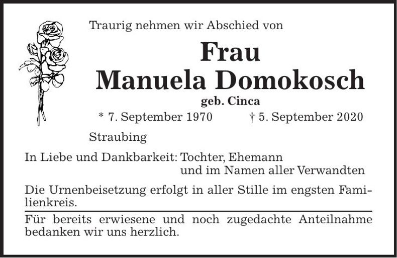 Traueranzeige Manuela Domokosch