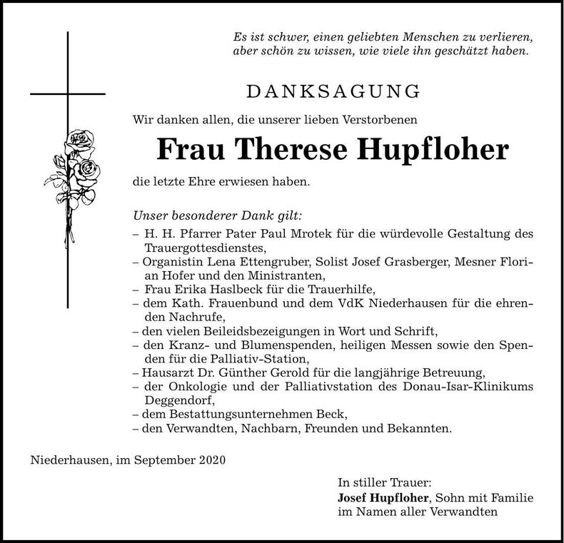 Traueranzeige Therese Hupfloher