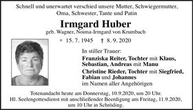 Traueranzeige Irmgard Huber